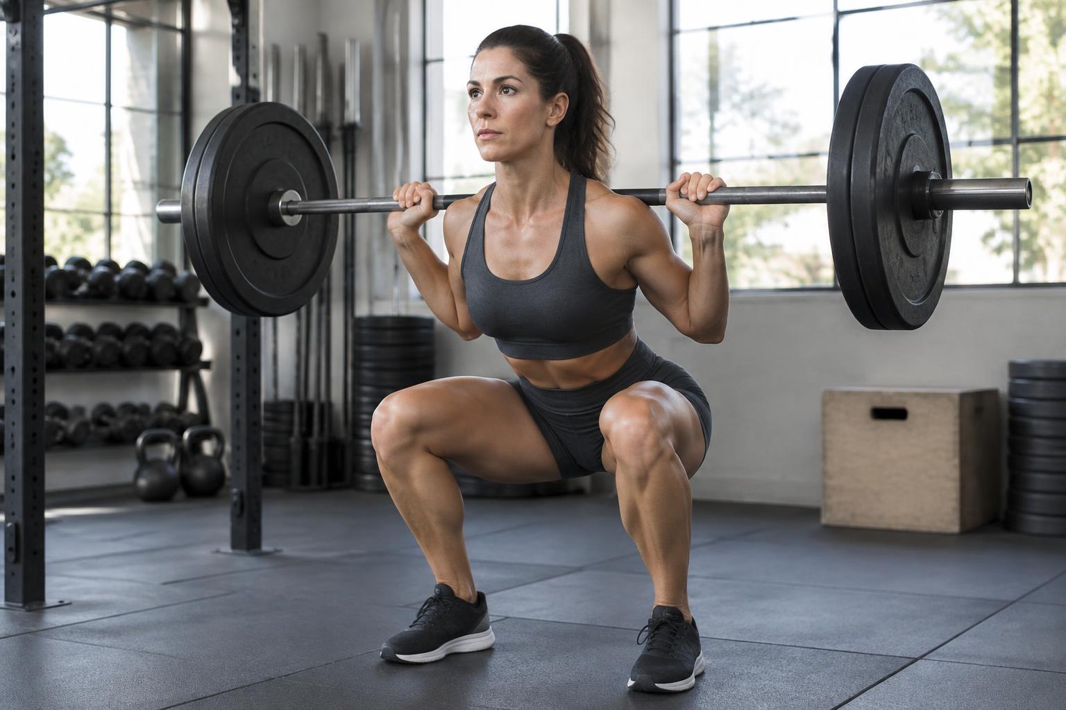 Fit athletic woman performing a controlled barbell squat