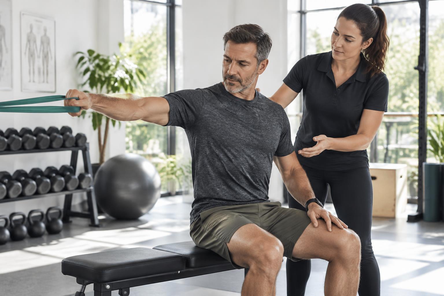 Physiotherapist guiding shoulder rehabilitation with a patient