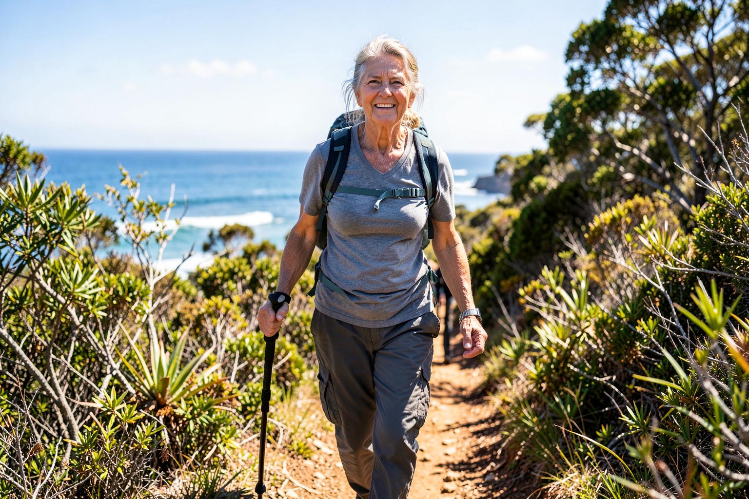 Active older woman hiking by the coast